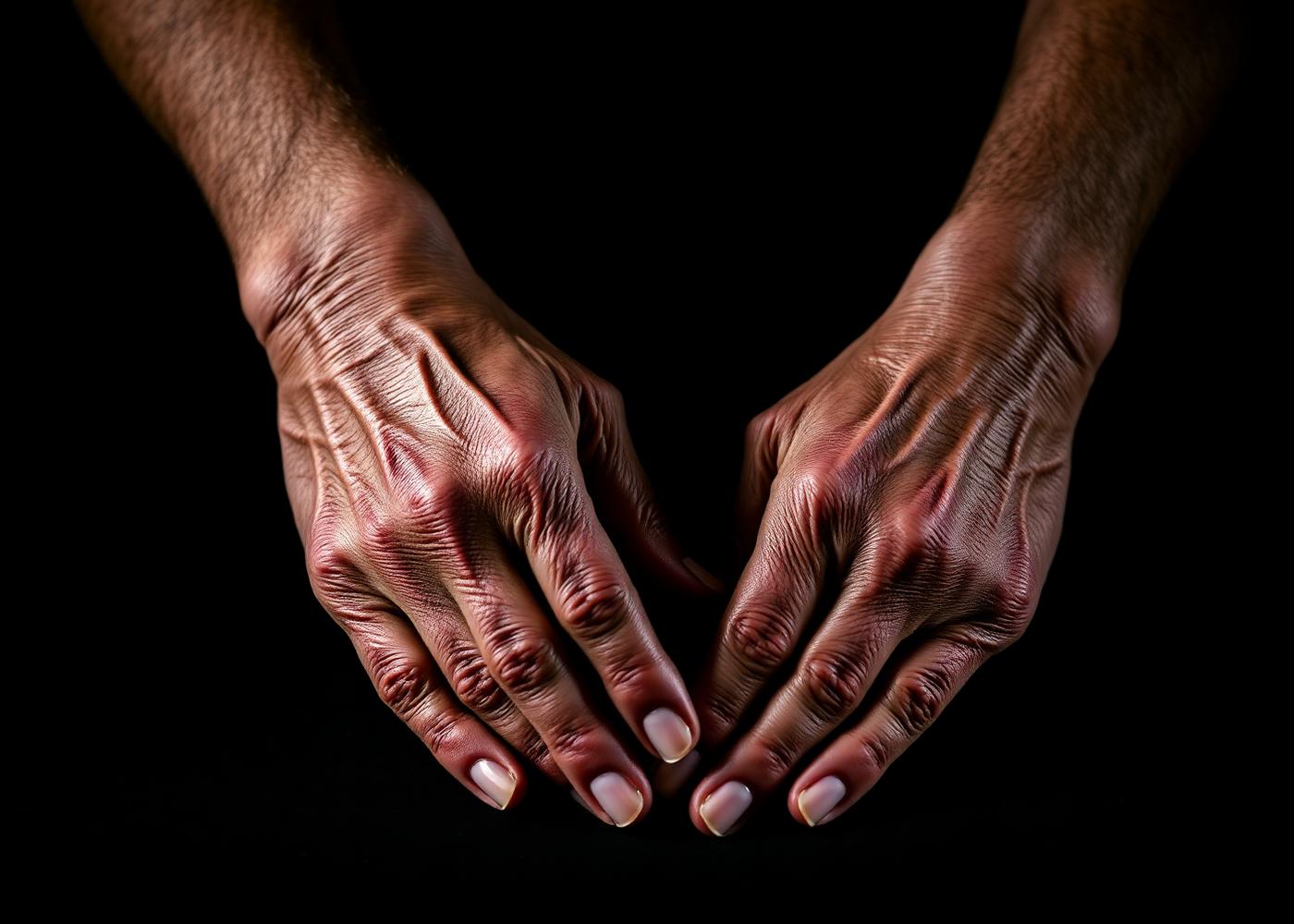 Dignified editorial study of adult hands at rest in low bronze light
