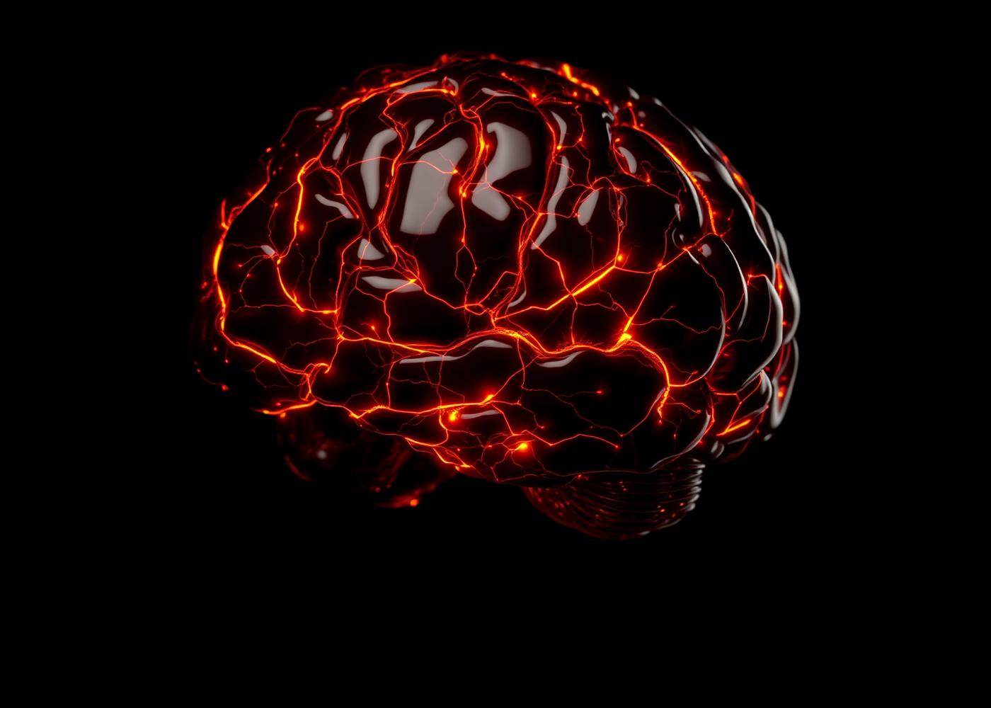 Artistic render of a human brain with glowing amber neural filaments