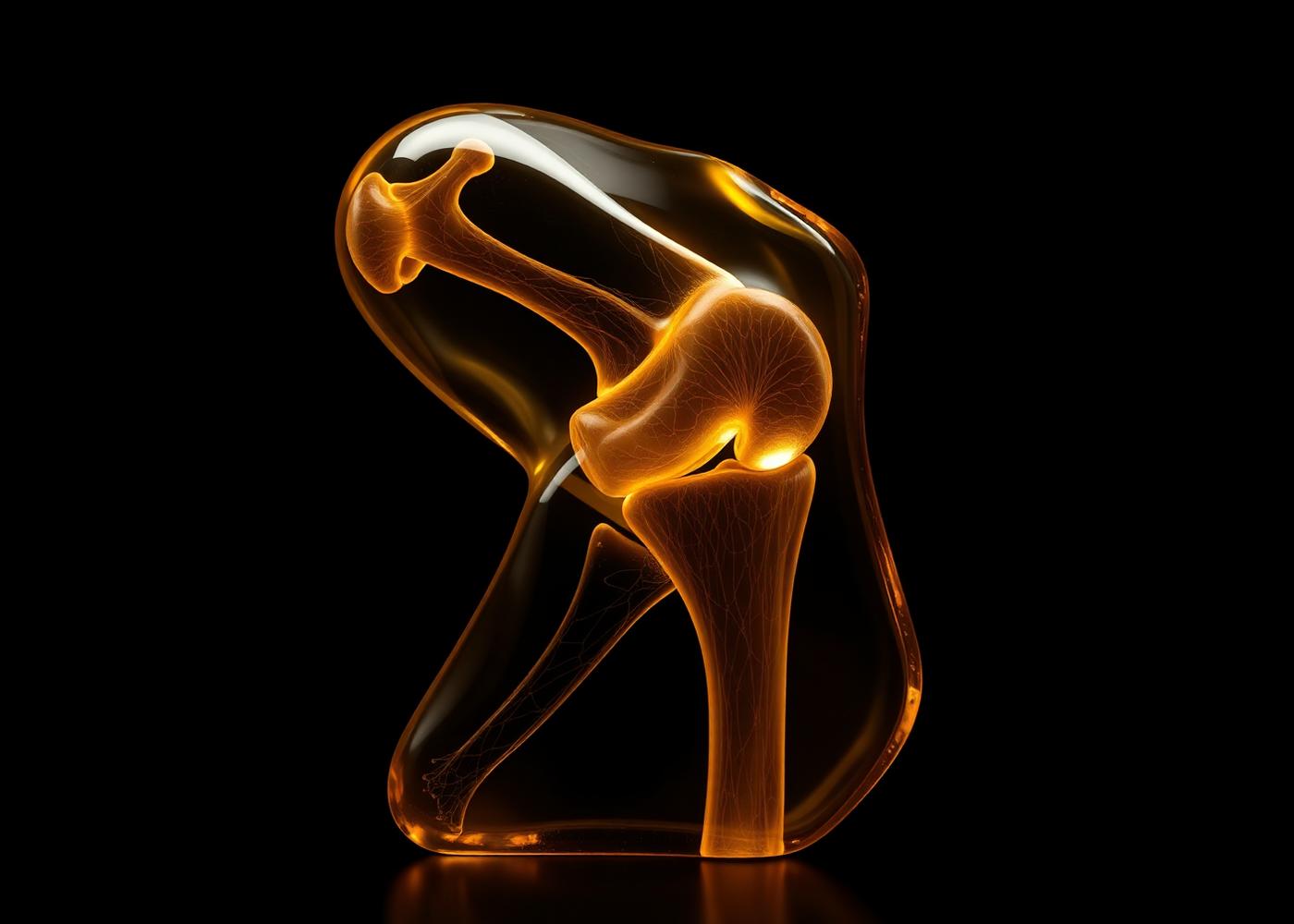 Translucent amber glass sculpture of a knee joint, museum specimen lighting