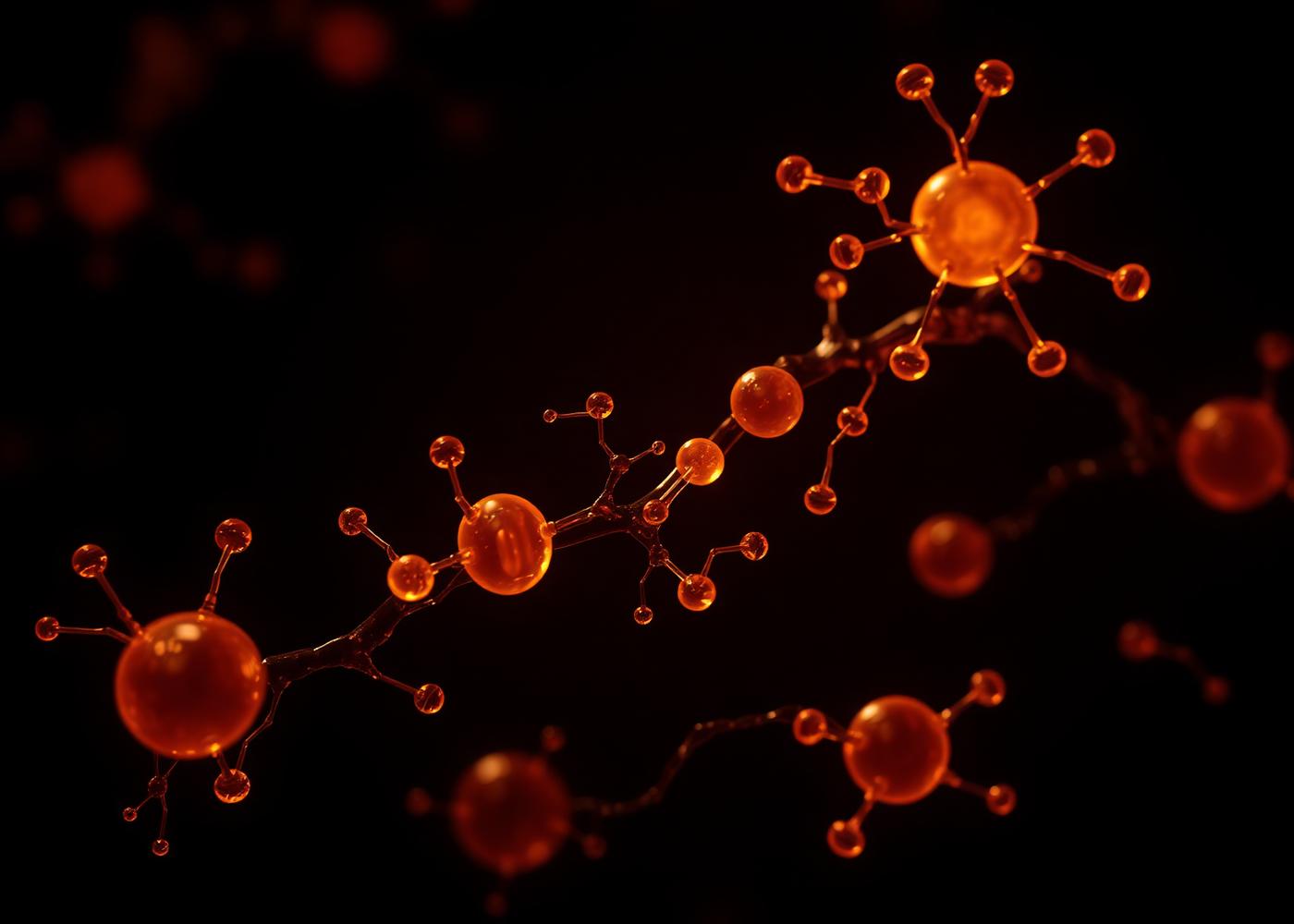 Abstract amber render of metabolic signalling molecules on a near-black ground