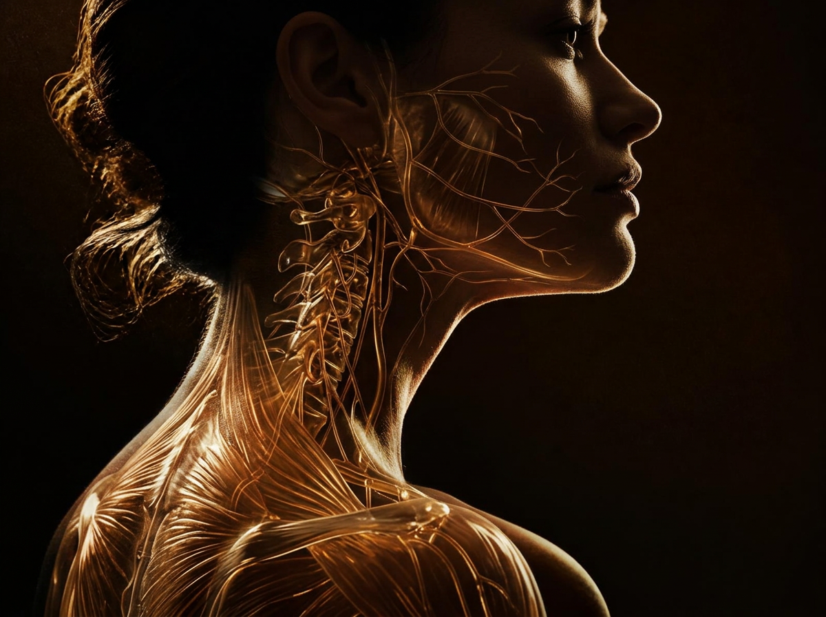 Editorial profile of an adult in bronze rim light, with anatomically accurate nerve, vascular and upper-back muscle pathways glowing beneath the skin