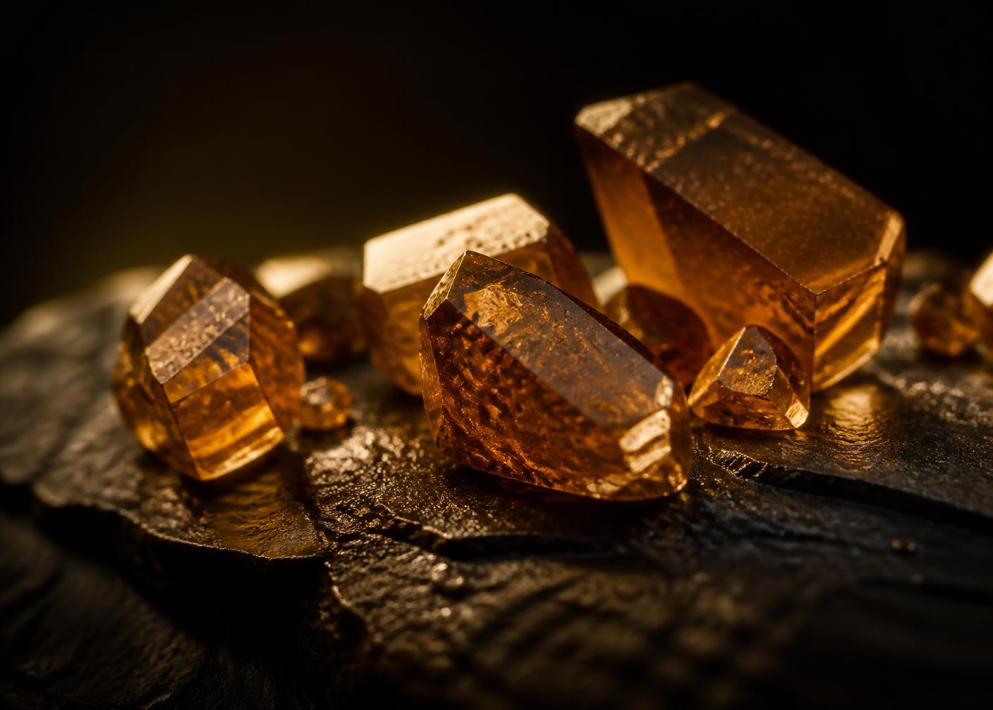 Macro study of amber protein crystals on dark slate