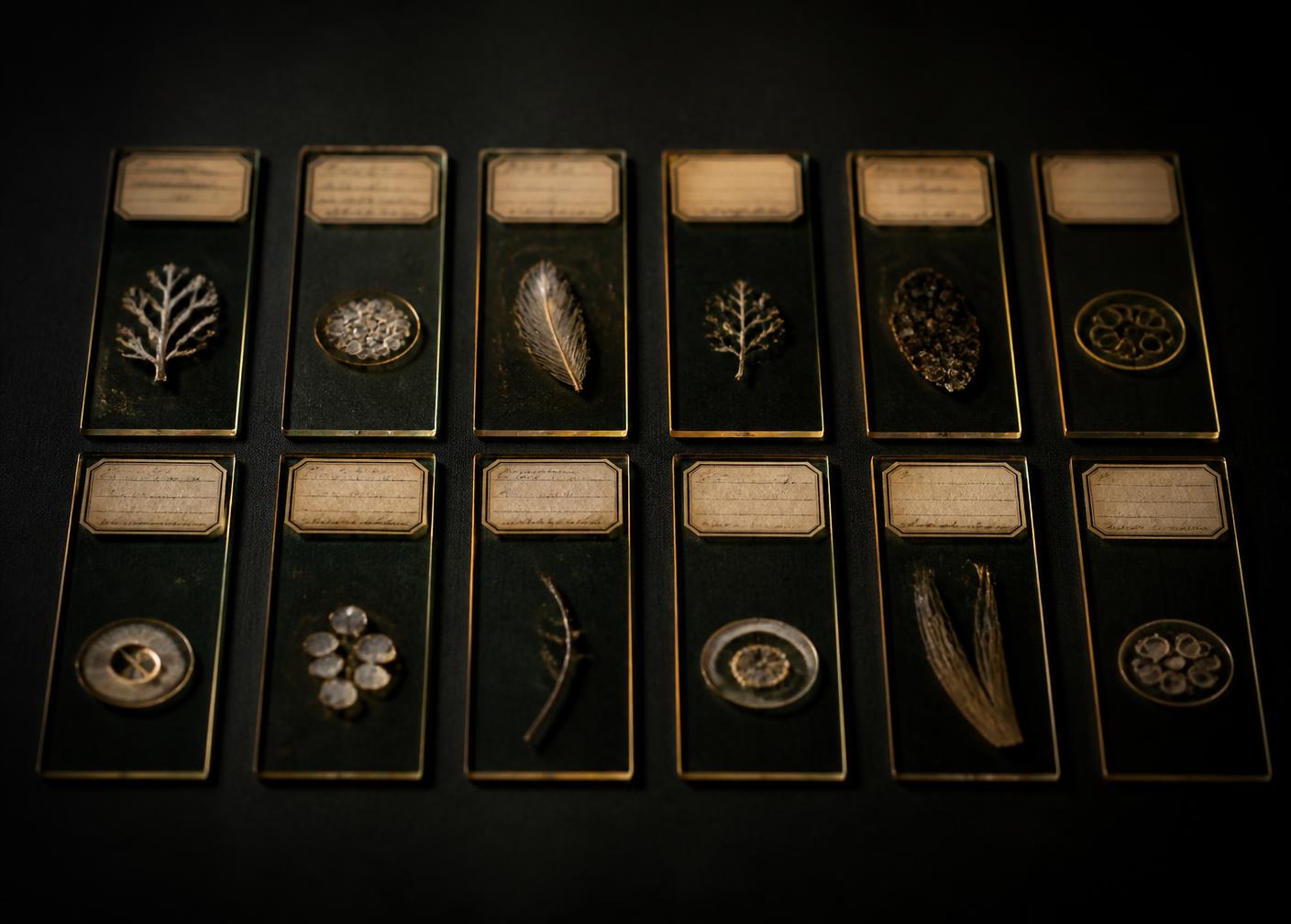 Grid of labelled glass specimen slides on near-black graphite in bronze light