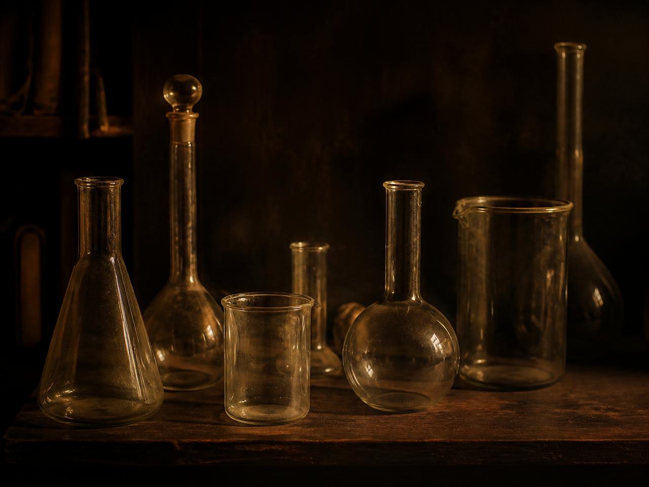 Scientific still life of laboratory glassware in low warm light