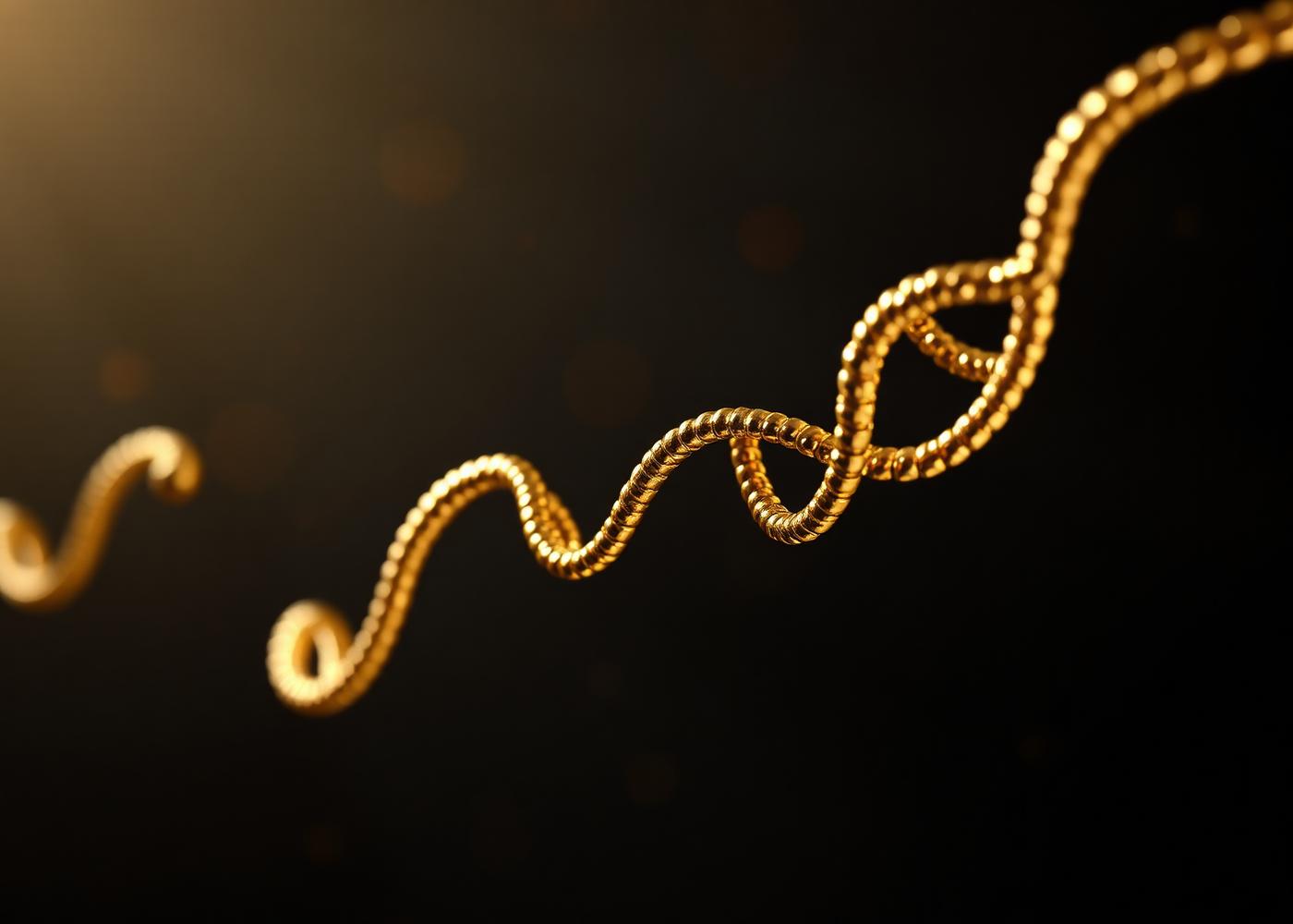 Cinematic render of a peptide chain helix in polished bronze