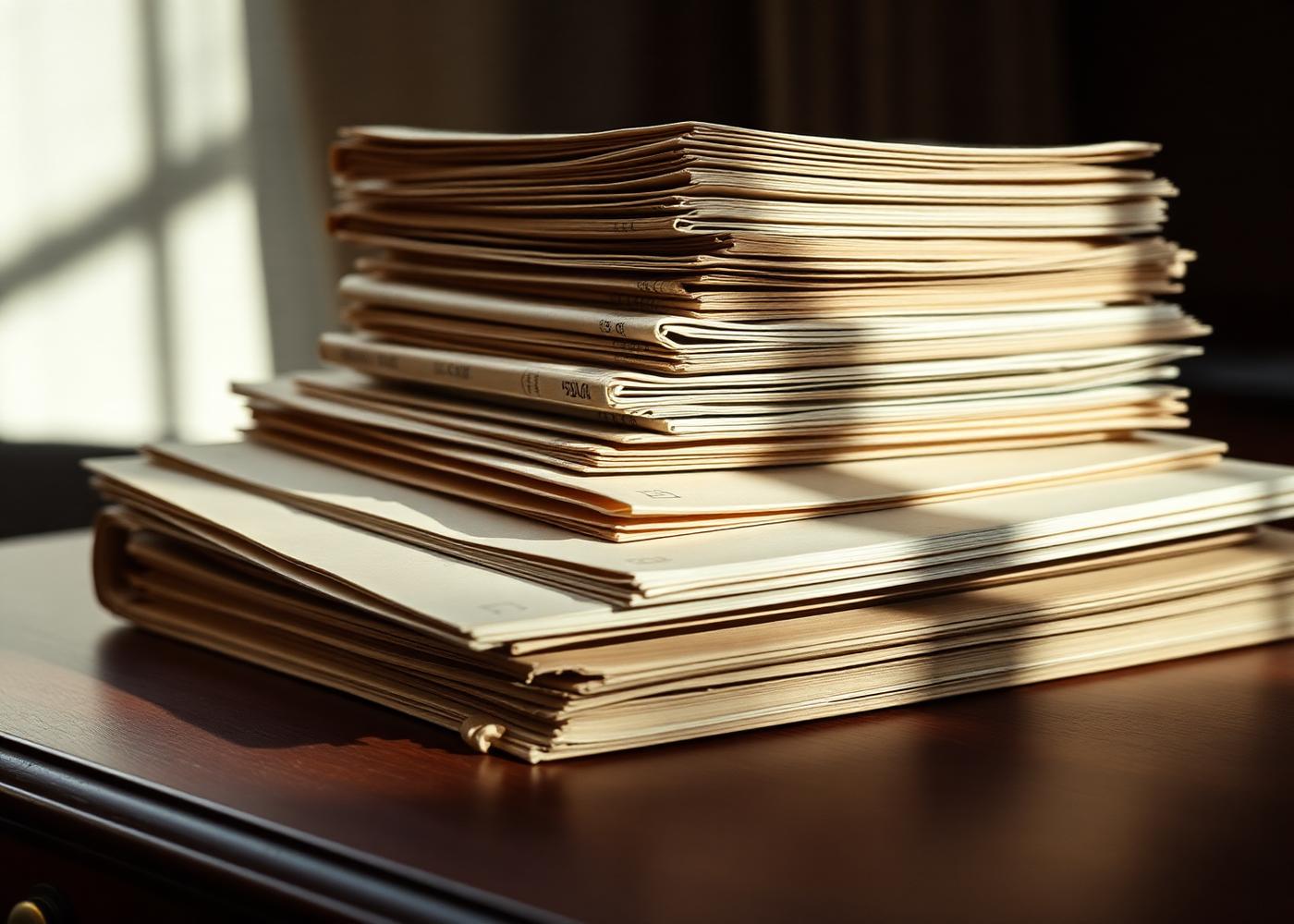 Stacked archival regulatory dossiers on a dark walnut desk in warm light