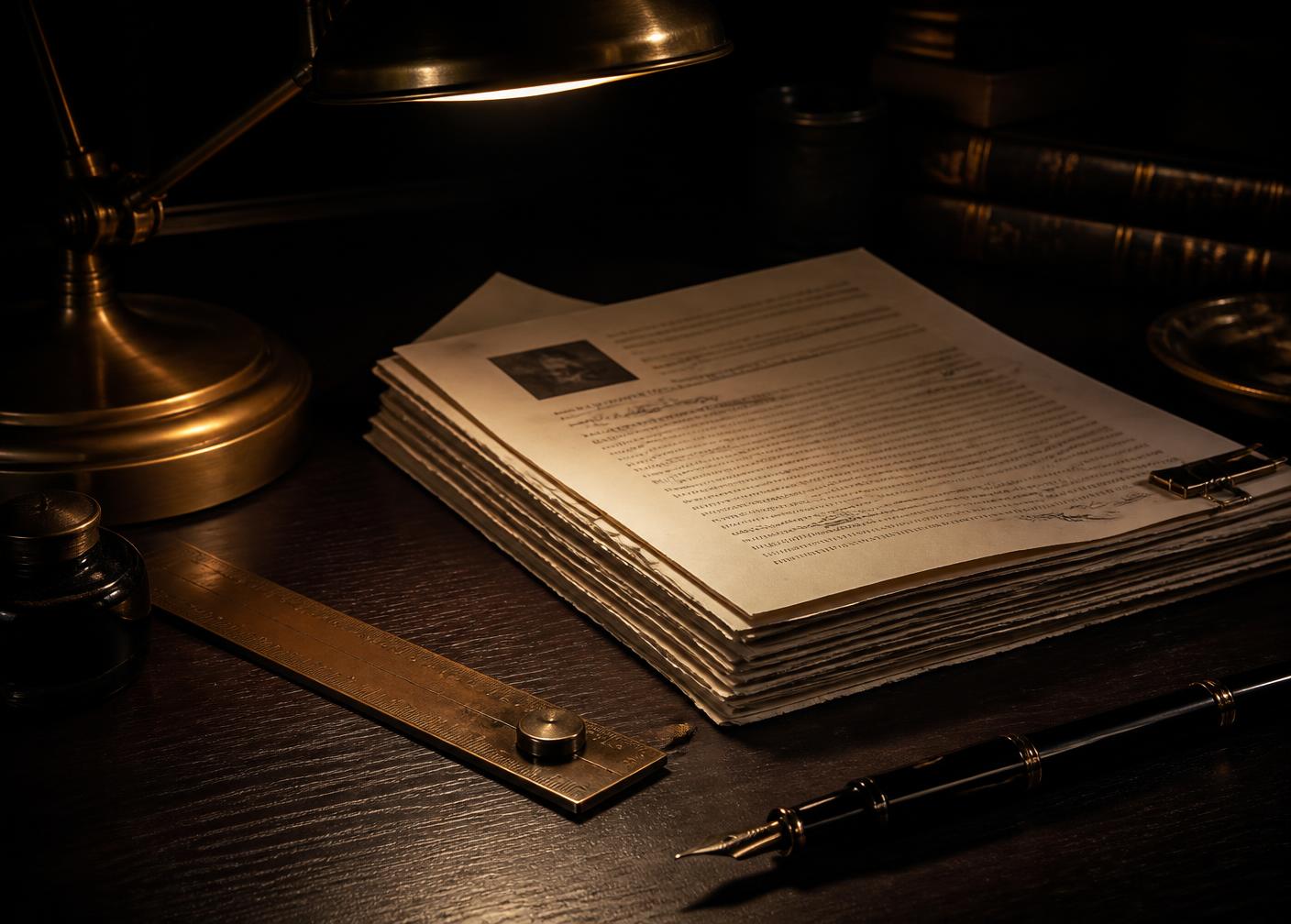 Editorial desk with fountain pen, bronze rule and annotated manuscript pages
