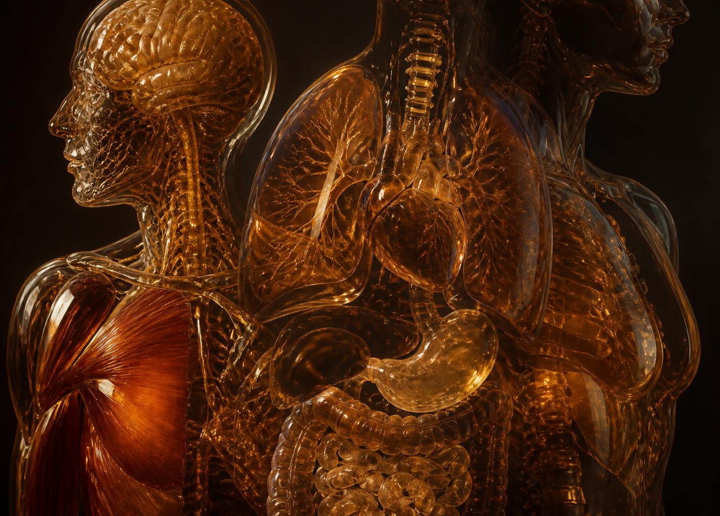 Translucent amber glass study of overlapping human organ systems