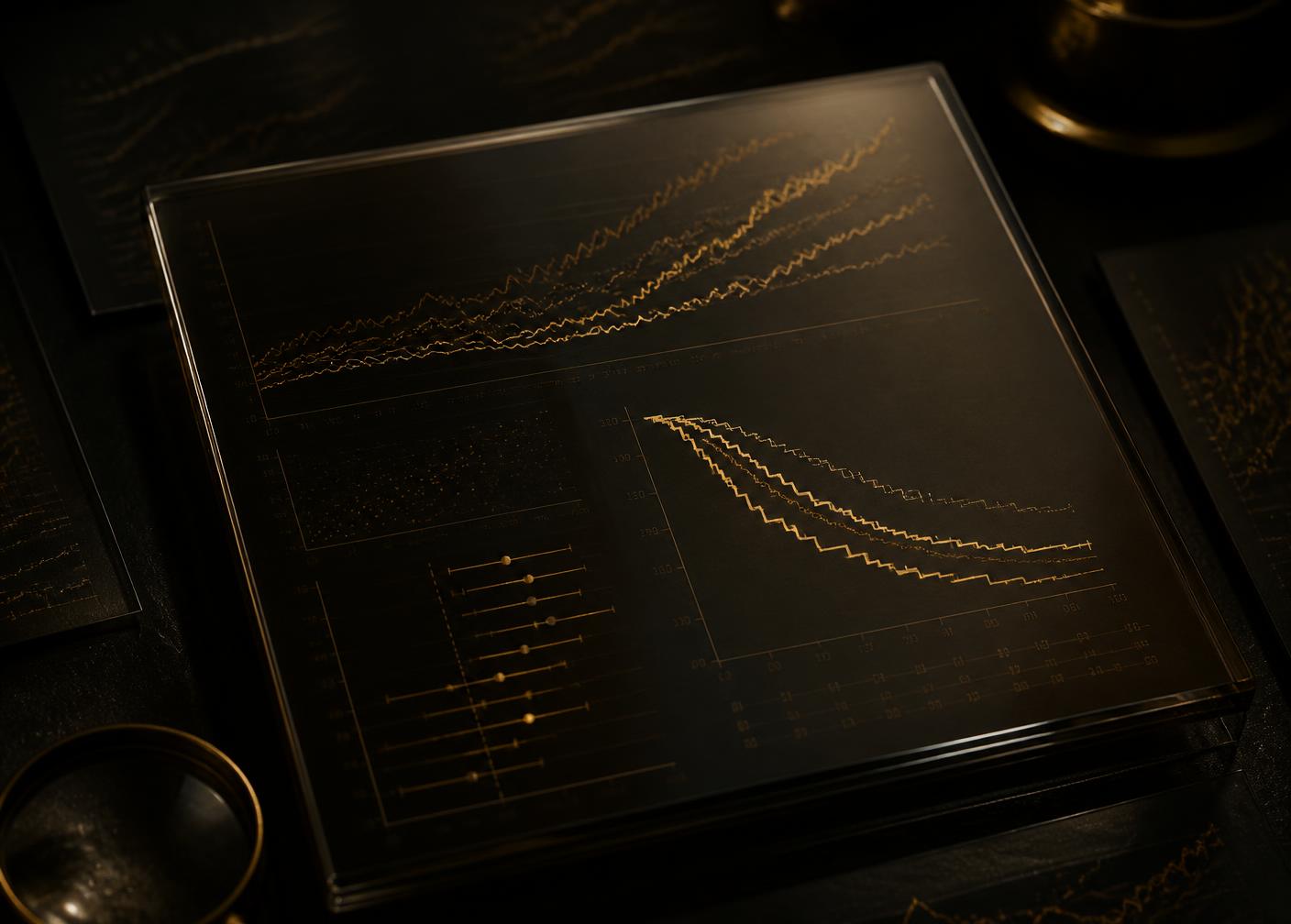 Amber clinical-trial curves etched on smoked glass panels in warm gold light