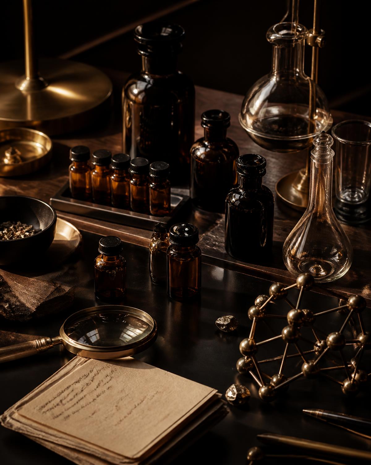 Editorial laboratory still life: unlabelled amber glass vials, glassware, a brass magnifier, a molecule model and handwritten research notes in warm low light